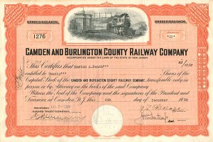 Camden and Burlington County Railway Co. - 1939 dated New Jersey Railroad Stock Certificate